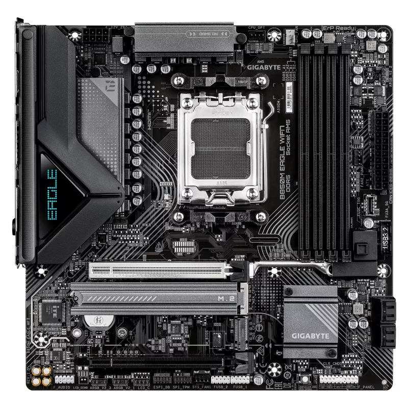 Pagrindinė plokštė GIGABYTE B850M EAGLE WIFI7 — Micro ATX, lizdas AM5, AMD B850, DDR5 iki 8200 MHz (O.C.), 4 DIMM, PCIe 5.0, „Wi‑Fi 7“, 2,5 GbE