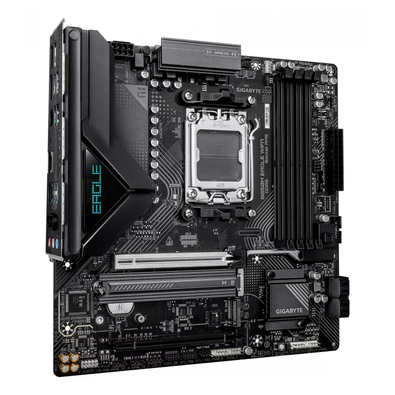 Pagrindinė plokštė GIGABYTE B850M EAGLE WIFI7 — Micro ATX, lizdas AM5, AMD B850, DDR5 iki 8200 MHz (O.C.), 4 DIMM, PCIe 5.0, „Wi‑Fi 7“, 2,5 GbE