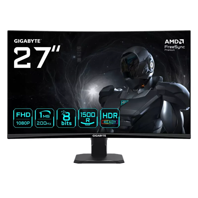 GIGABYTE GS27FCA 27 colių FHD lenktas žaidimų monitorius - 1920 x 1080, 200Hz, 1, 250 cd/m², FreeSync Premium, HDR Ready, HDMI 2.0, Displayport 1.4