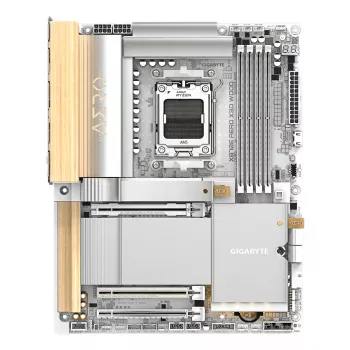 GIGABYTE X870E AERO X3D WOOD pagrindinė plokštė – palaiko AMD Ryzen 9000 procesorius, 16+2+2 fazių skaitmeninį VRM, iki 9000 Hz DDR5 (OC), 2xPCIe 5.0 + 2xPCIe 4.0, Wi-Fi 7, 5GbE LAN, USB 4