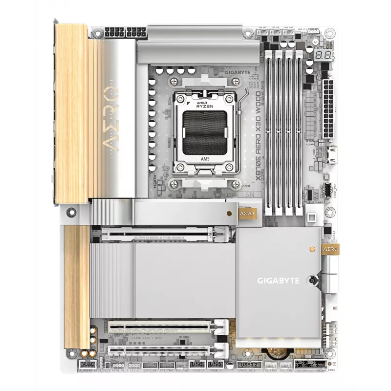 GIGABYTE X870E AERO X3D WOOD pagrindinė plokštė – palaiko AMD Ryzen 9000 procesorius, 16+2+2 fazių skaitmeninį VRM, iki 9000 Hz DDR5 (OC), 2xPCIe 5.0 + 2xPCIe 4.0, Wi-Fi 7, 5GbE LAN, USB 4
