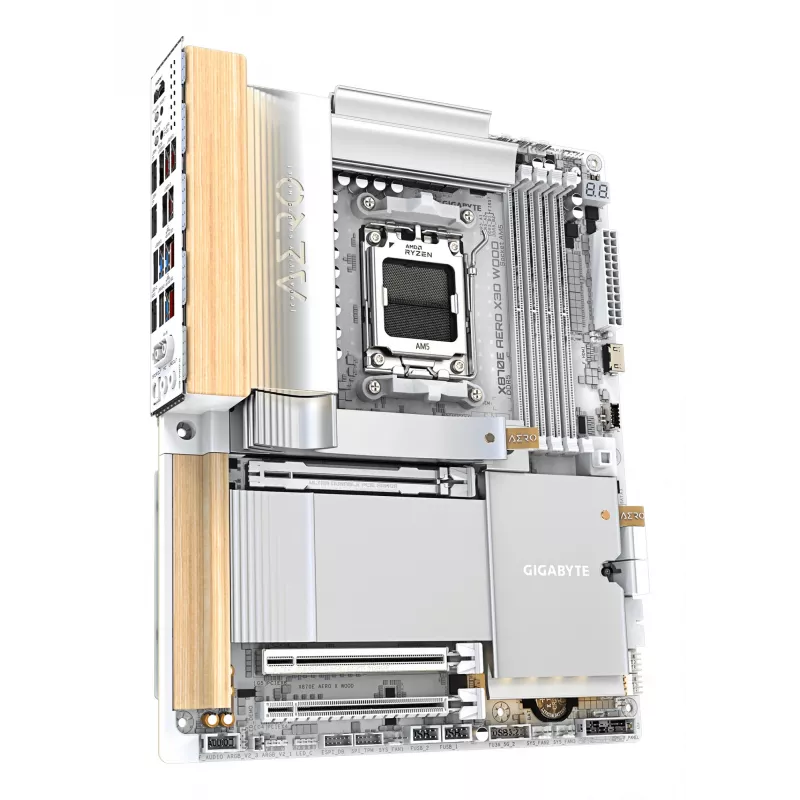 GIGABYTE X870E AERO X3D WOOD pagrindinė plokštė – palaiko AMD Ryzen 9000 procesorius, 16+2+2 fazių skaitmeninį VRM, iki 9000 Hz DDR5 (OC), 2xPCIe 5.0 + 2xPCIe 4.0, Wi-Fi 7, 5GbE LAN, USB 4