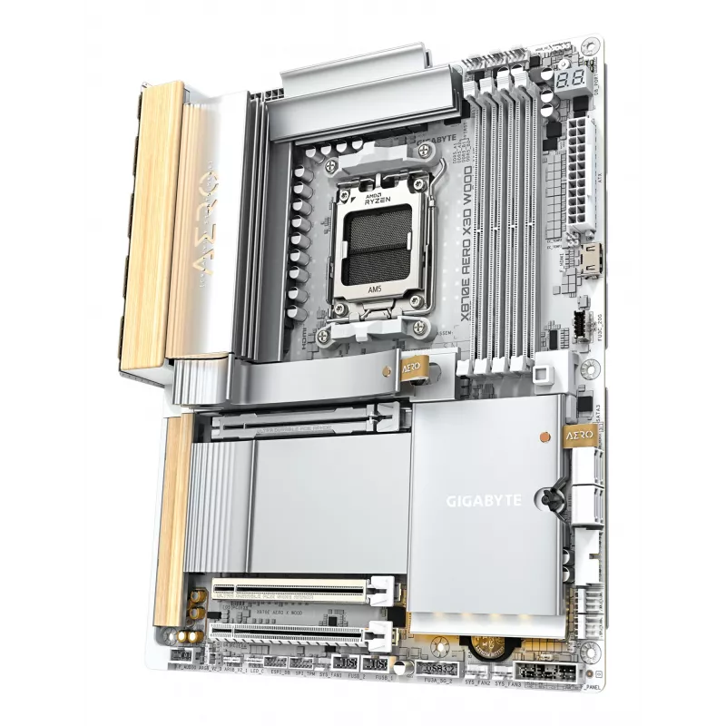 GIGABYTE X870E AERO X3D WOOD pagrindinė plokštė – palaiko AMD Ryzen 9000 procesorius, 16+2+2 fazių skaitmeninį VRM, iki 9000 Hz DDR5 (OC), 2xPCIe 5.0 + 2xPCIe 4.0, Wi-Fi 7, 5GbE LAN, USB 4