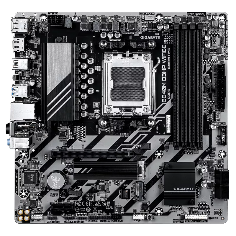 GIGABYTE B840M D3HP WIFI6E Micro ATX pagrindinė plokštė — AMD Socket AM5, B840, 4x DDR5 iki 8200MHz OC, 2x PCIe 4.0 M.2, Wi‑Fi 6E, 1GbE