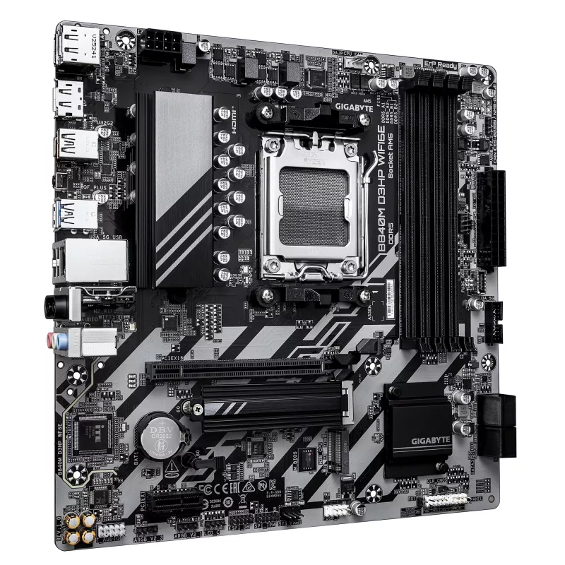 GIGABYTE B840M D3HP WIFI6E Micro ATX pagrindinė plokštė — AMD Socket AM5, B840, 4x DDR5 iki 8200MHz OC, 2x PCIe 4.0 M.2, Wi‑Fi 6E, 1GbE