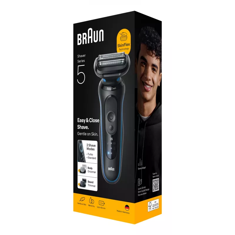 Foil shaver BRAUN Series 5 52-B1650S — 3-peiliukų, Li-Ion baterija, šlapiam ir sausam skutimuisi, kirptuvas, mėlynas