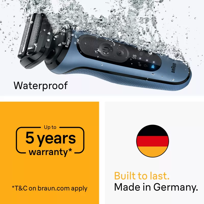 Foil shaver BRAUN Series 5 52-B1650S — 3-peiliukų, Li-Ion baterija, šlapiam ir sausam skutimuisi, kirptuvas, mėlynas