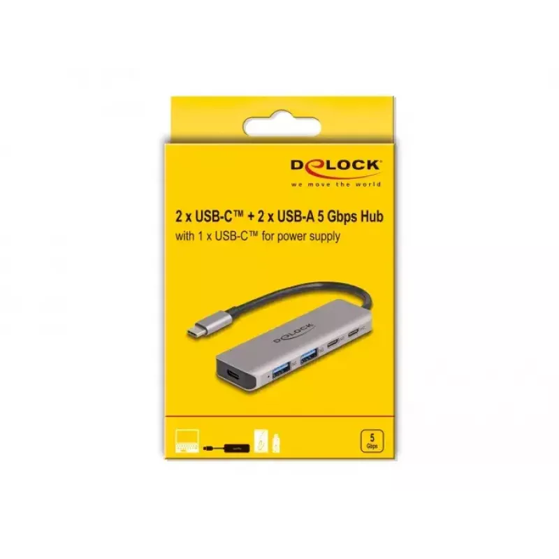 DeLOCK USB Hub 5 Gbps 2 Port USB Type-C ir 2 Port Type-A Pilkas Metalas