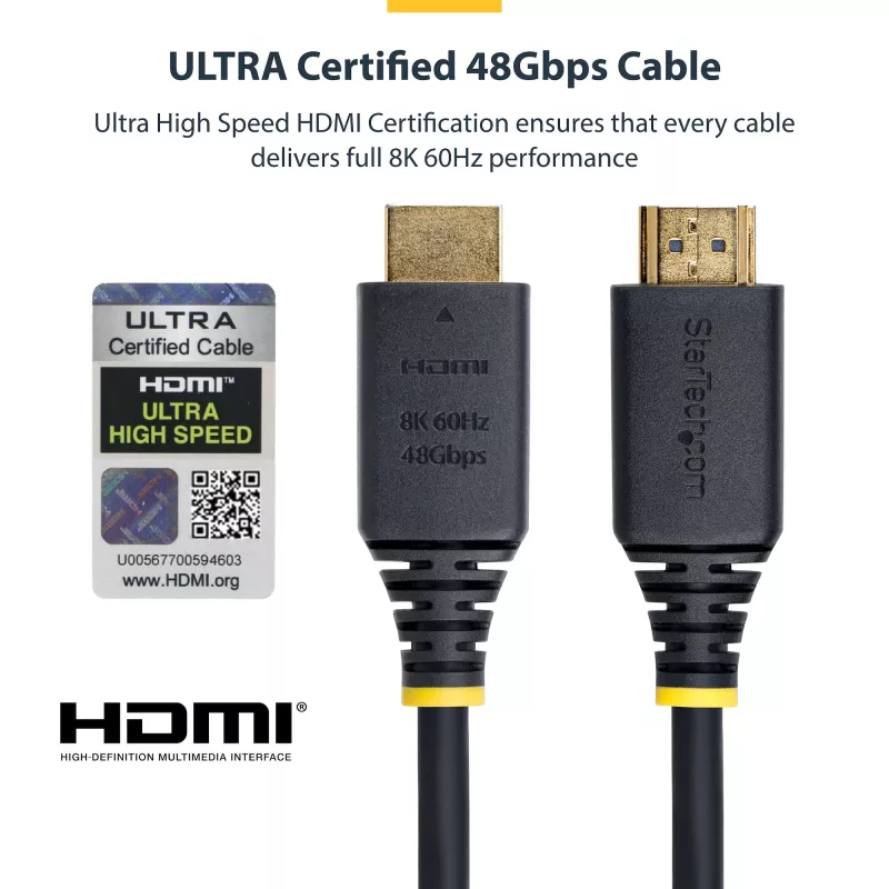 StarTech.com 2 m (6 pėd.) sertifikuotas ypač didelės spartos HDMI laidas, 8K 60 Hz / 4K 120 Hz, HDMI 2.1 laidas su HDR10+ / eARC, 48 Gbps, 8K HDMI laidas monitoriui / televizoriui / ekranui, lankstus TPE apvalkalas