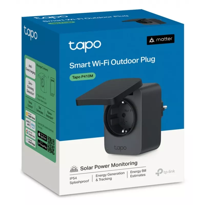 Išmanusis kištukas TP-Link Tapo P410M — lauko Wi‑Fi lizdas, 3680 W, 200–250 V, juodas
