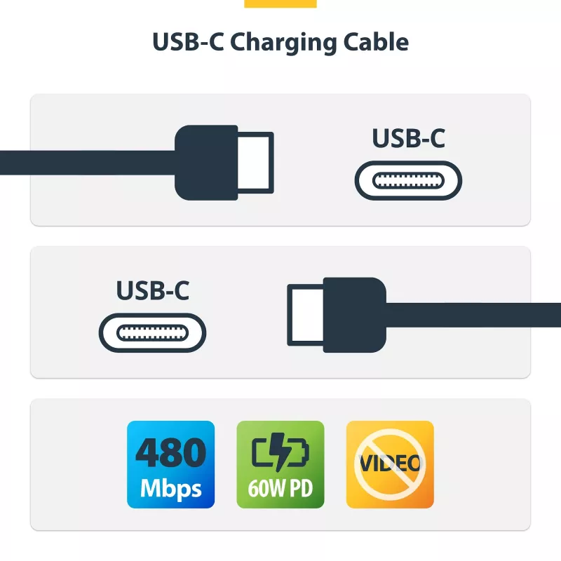 StarTech.com 15cm (6in) USB-C įkrovimo laidas, 60W (3A) PD, dvisluoksnis pintas nailono/TPE apvalkalas, tvirtas USB C įkrovimo laidas, USB 2.0 nešiojamojo kompiuterio įkroviklio laidas