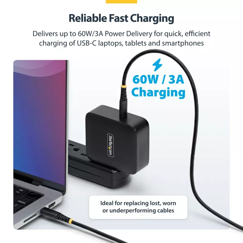StarTech.com 15cm (6in) USB-C įkrovimo laidas, 60W (3A) PD, dvisluoksnis pintas nailono/TPE apvalkalas, tvirtas USB C įkrovimo laidas, USB 2.0 nešiojamojo kompiuterio įkroviklio laidas