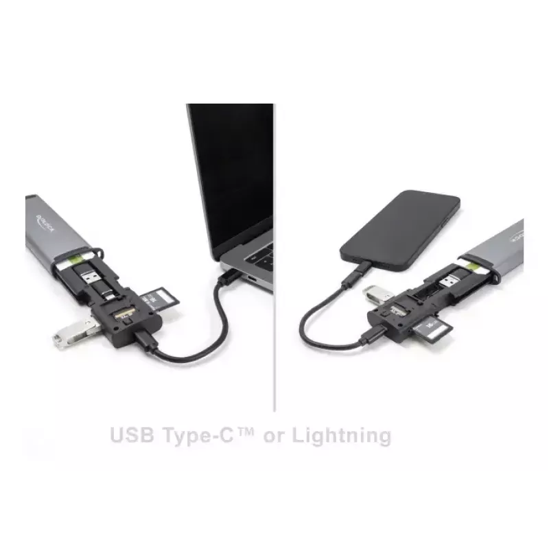DELOCK USB 5 Gbps kortelių skaitytuvas su SD ir MicroSD lizdais, USB 3.2 Gen 1 Type-A/Type-C, laidai ir adapteriai, juoda/pilka