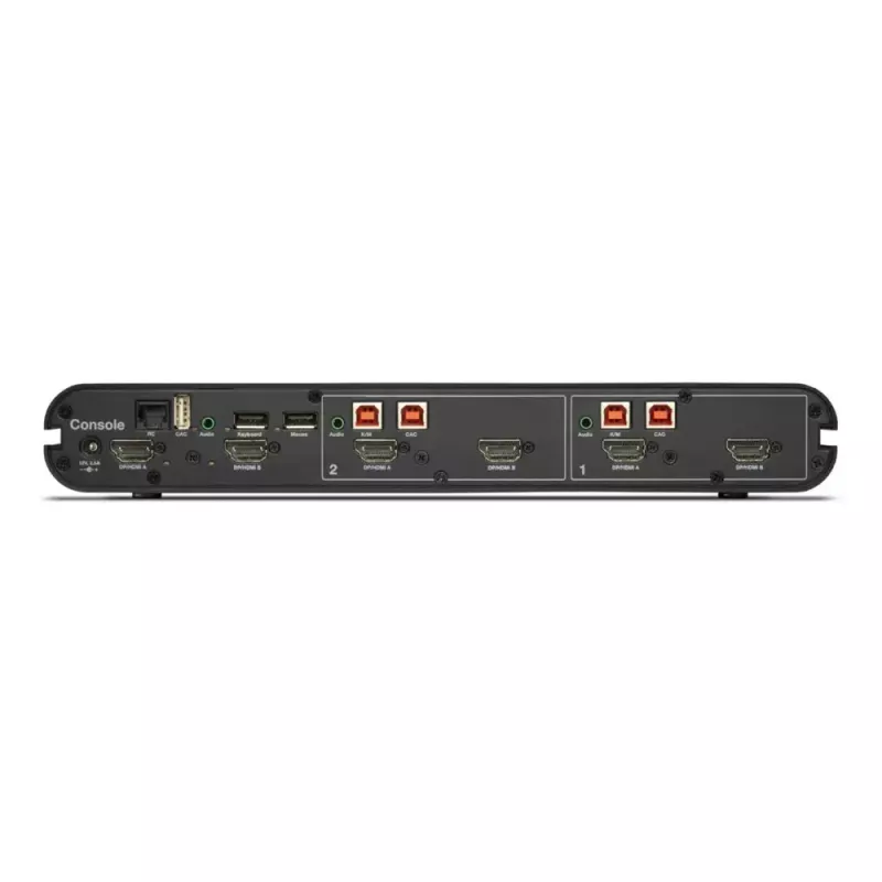 KVM komutatorius Belkin Universal 2nd Gen — 2 prievadų saugus KVM, HDMI/DisplayPort, 4K@60Hz, USB klaviatūra / pelė, juodas, montuojamas ant stovo