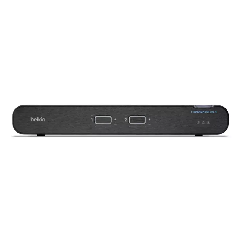 KVM komutatorius Belkin Universal 2nd Gen — 2 prievadų saugus KVM, HDMI/DisplayPort, 4K@60Hz, USB klaviatūra / pelė, juodas, montuojamas ant stovo