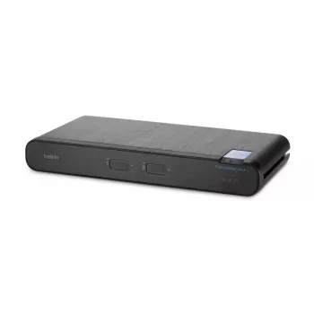 KVM komutatorius Belkin Universal 2nd Gen — 2 prievadų saugus KVM, HDMI/DisplayPort, 4K@60Hz, USB klaviatūra / pelė, juodas, montuojamas ant stovo