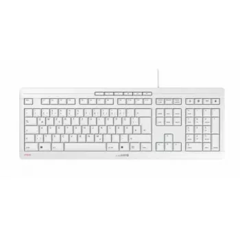 Cherry viso dydžio laidinė klaviatūra Stream — QWERTZ išdėstymas, žirkliniai jungikliai, USB, 1,8 m kabelis, šviesiai pilka