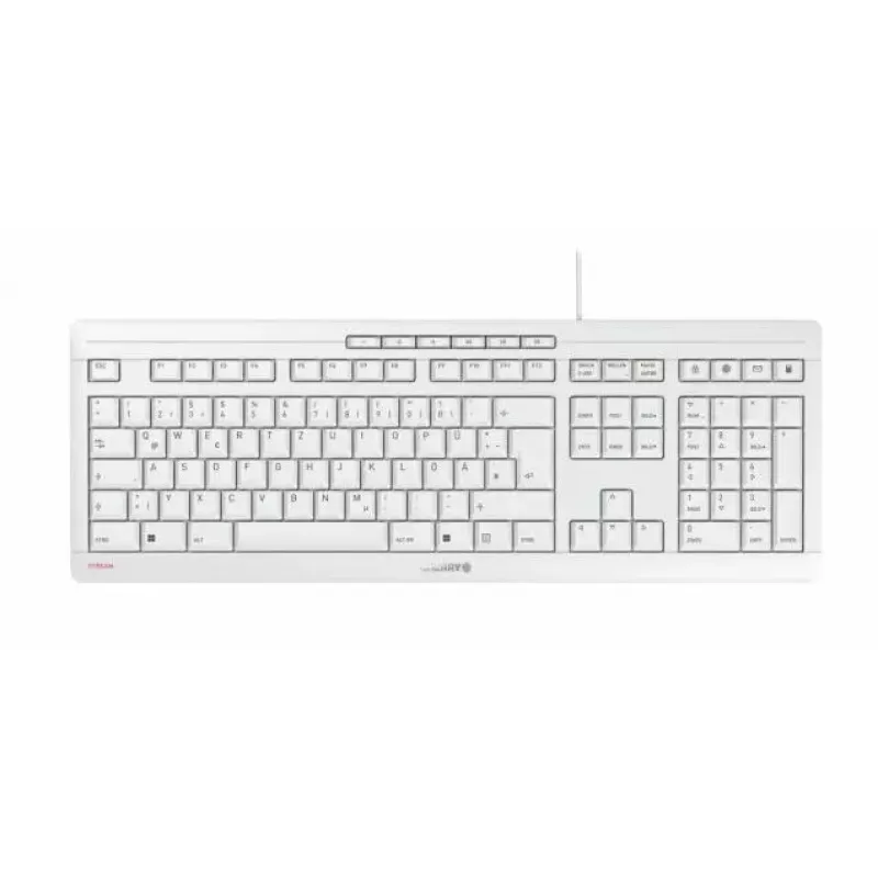 Cherry viso dydžio laidinė klaviatūra Stream — QWERTZ išdėstymas, žirkliniai jungikliai, USB, 1,8 m kabelis, šviesiai pilka