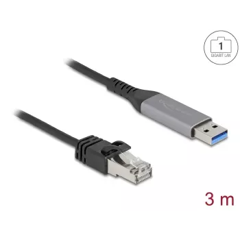 Tinklo kabelis DELOCK USB Type-A į RJ45 Gigabit Ethernet Cat6, 3 m, antracitas/juodas