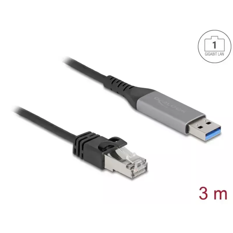 Tinklo kabelis DELOCK USB Type-A į RJ45 Gigabit Ethernet Cat6, 3 m, antracitas/juodas