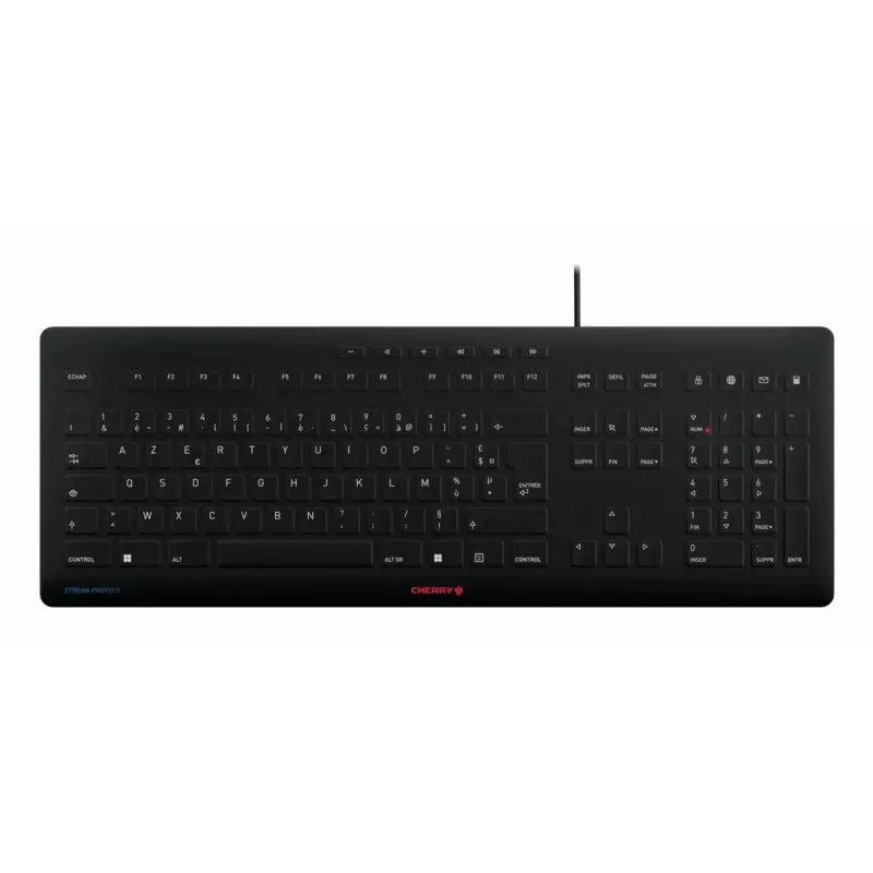 Laidinė pilno dydžio Cherry CHERRY STREAM PROTECT klaviatūra AZERTY 115 klavišų žirkliniai jungikliai 1,8 m laidas juoda