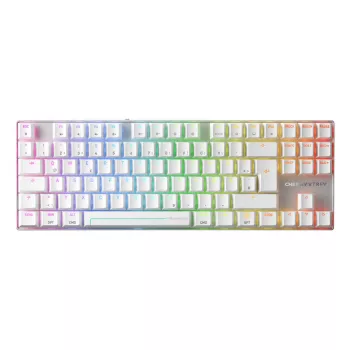Belaidė žaidimų klaviatūra CHERRY MX 8.2 Pro TMR — Tenkeyless, QWERTZ vokiečių, USB + RF + Bluetooth, RGB, sidabrinė/baltos spalvos
