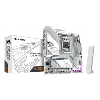 GIGABYTE pagrindinė plokštė X870M AORUS ELITE WIFI7 ICE — Micro ATX, AMD X870, lizdas AM5, DDR5 iki 8200MHz (O.C), 14+2+2 VRM, PCIe 5.0, Wi‑Fi 7, 2.5 GbE, USB4