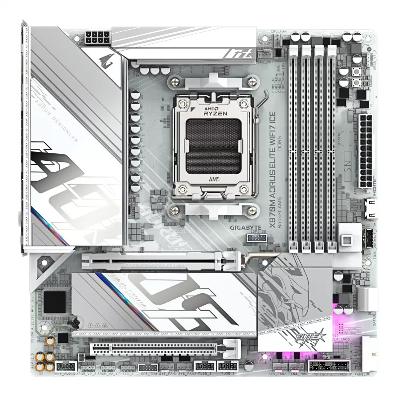 GIGABYTE pagrindinė plokštė X870M AORUS ELITE WIFI7 ICE — Micro ATX, AMD X870, lizdas AM5, DDR5 iki 8200MHz (O.C), 14+2+2 VRM, PCIe 5.0, Wi‑Fi 7, 2.5 GbE, USB4