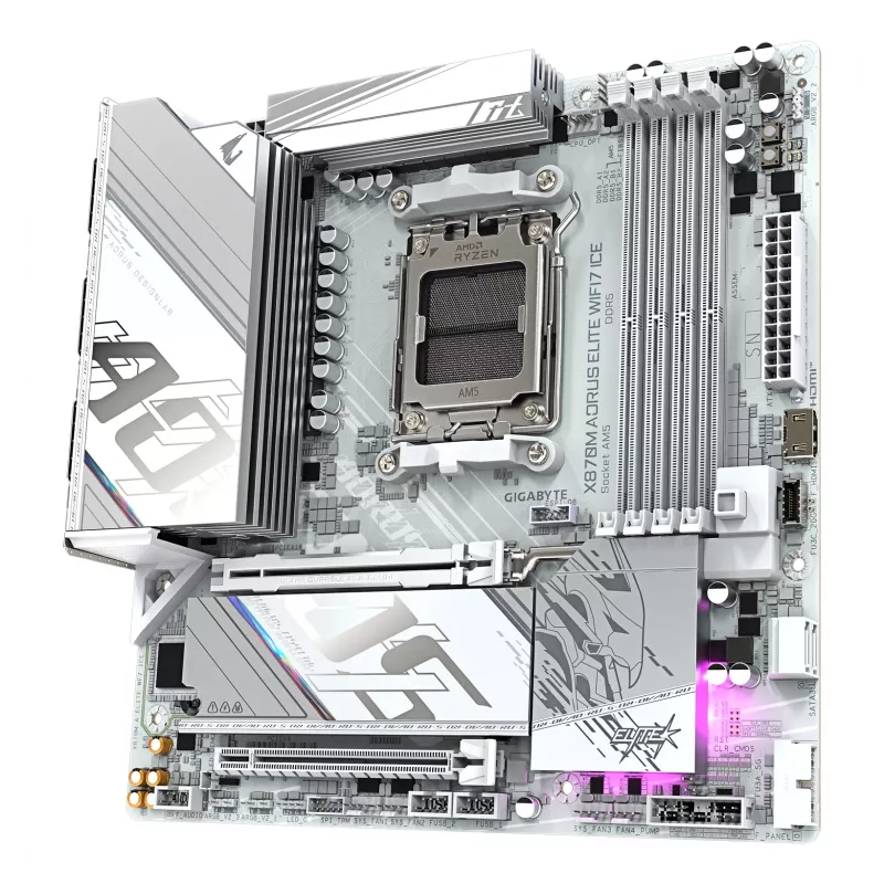 GIGABYTE pagrindinė plokštė X870M AORUS ELITE WIFI7 ICE — Micro ATX, AMD X870, lizdas AM5, DDR5 iki 8200MHz (O.C), 14+2+2 VRM, PCIe 5.0, Wi‑Fi 7, 2.5 GbE, USB4