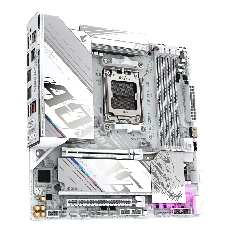 GIGABYTE pagrindinė plokštė X870M AORUS ELITE WIFI7 ICE — Micro ATX, AMD X870, lizdas AM5, DDR5 iki 8200MHz (O.C), 14+2+2 VRM, PCIe 5.0, Wi‑Fi 7, 2.5 GbE, USB4