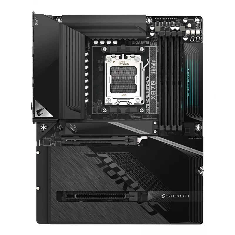 GIGABYTE X870 AORUS STEALTH pagrindinė plokštė – palaiko AMD Ryzen 9000 procesorius, 16+2+2 fazių skaitmeninis VRM, iki 8200Hz DDR5 (OC), 2xPCIe 5.0 + 2xPCIe 4.0, Wi-Fi 7, 5 GbE LAN, USB 4