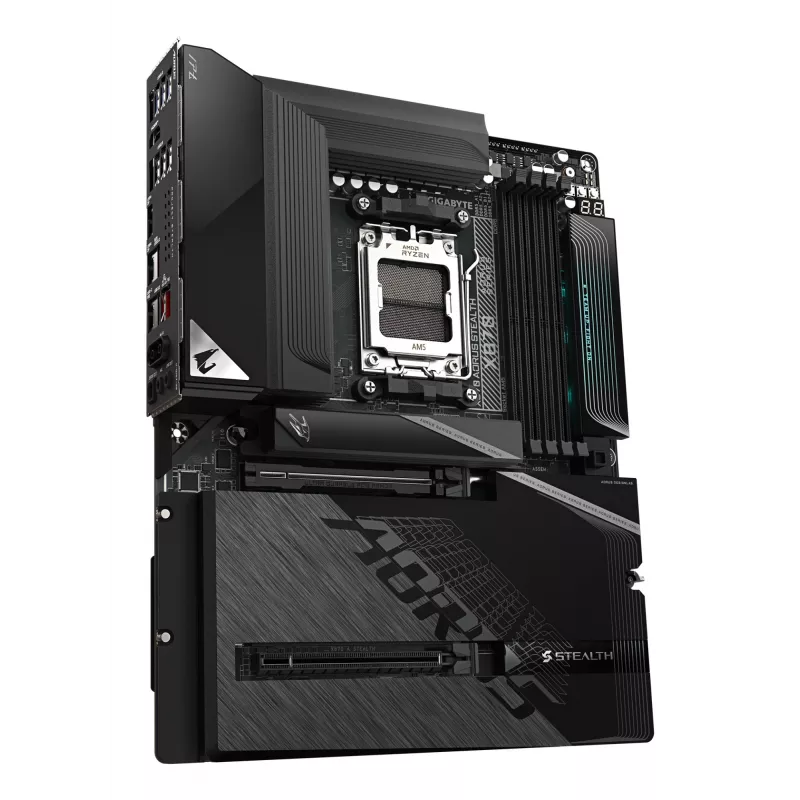 GIGABYTE X870 AORUS STEALTH pagrindinė plokštė – palaiko AMD Ryzen 9000 procesorius, 16+2+2 fazių skaitmeninis VRM, iki 8200Hz DDR5 (OC), 2xPCIe 5.0 + 2xPCIe 4.0, Wi-Fi 7, 5 GbE LAN, USB 4