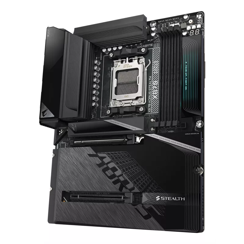 GIGABYTE X870 AORUS STEALTH pagrindinė plokštė – palaiko AMD Ryzen 9000 procesorius, 16+2+2 fazių skaitmeninis VRM, iki 8200Hz DDR5 (OC), 2xPCIe 5.0 + 2xPCIe 4.0, Wi-Fi 7, 5 GbE LAN, USB 4