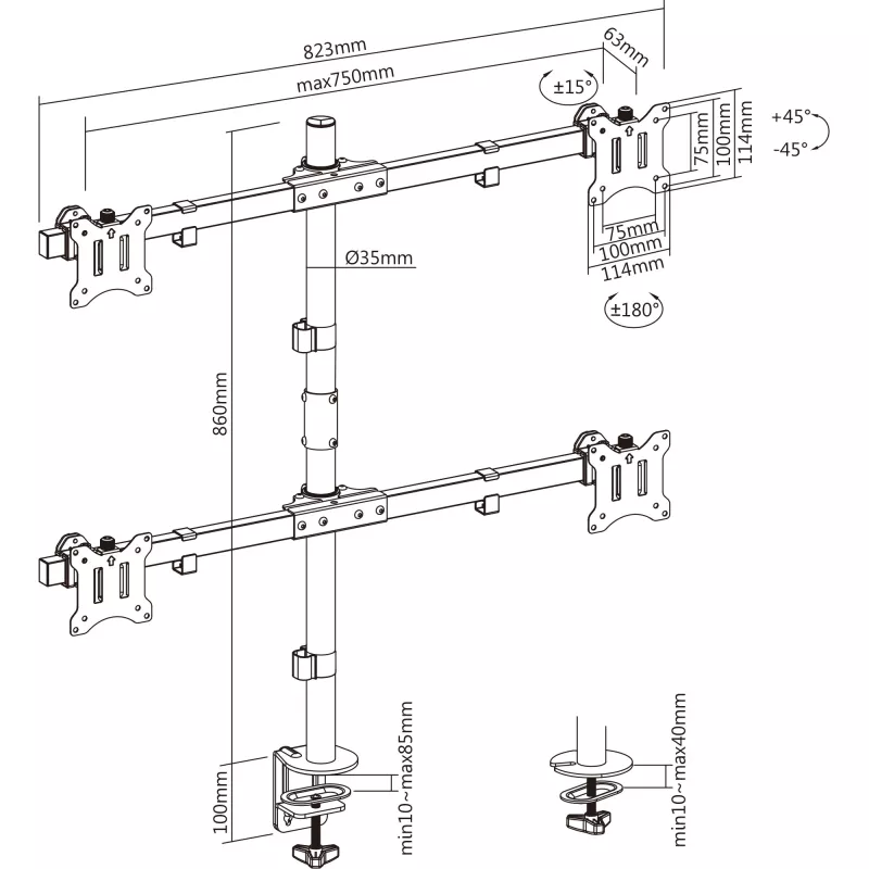 InLine stalinis laikiklis 4 televizorių / LED / TFT ekranų iki 81 cm 32 colių, maks. 9 kg