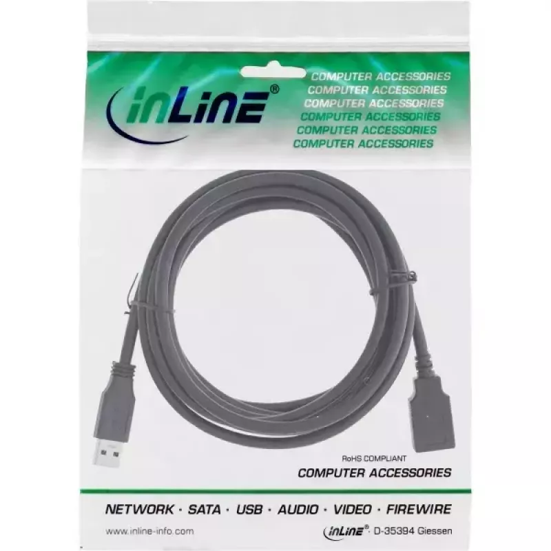 USB 3.2 Gen 1 (USB 3.0) ilginamasis laidas A patinas–A patelė, InLine, 2 m, juodas — 50 vnt. pakuotė