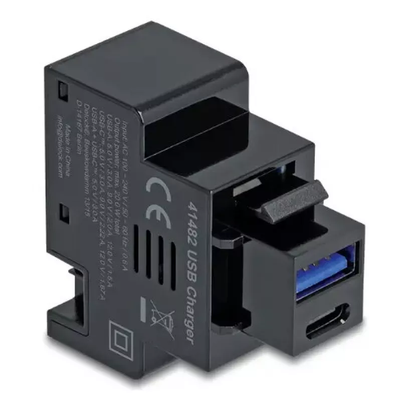 DELOCK Keystone modulis 41482 su USB-C ir USB-A jungtimis, plokščias, juodas