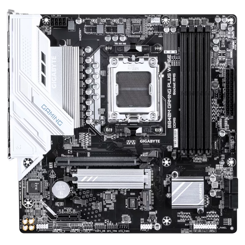 GIGABYTE B840M GAMING PLUS WIFI6E pagrindinė plokštė - AMD Ryzen 9000 procesoriai, 8+2+2 fazių VRM, iki 8200MHz DDR5(O.C), 2xPCIe 4.0 M.2, Wi-Fi 6E, 1GbE LAN, USB 3.2 Gen 2