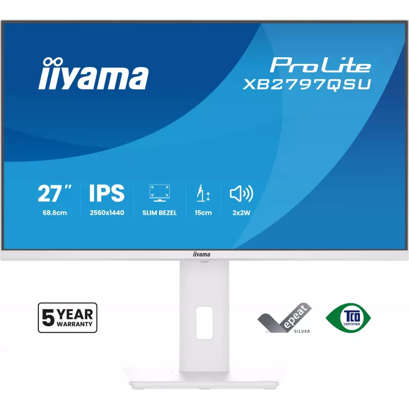 27 colių IIYAMA ProLite XB2797QSU-W1 IPS Quad HD (2560x1440) LED monitorius, 178° žiūrėjimo kampas, USB 3.2 šakotuvas, garsiakalbiai, VESA, reguliuojamas aukštis, baltas