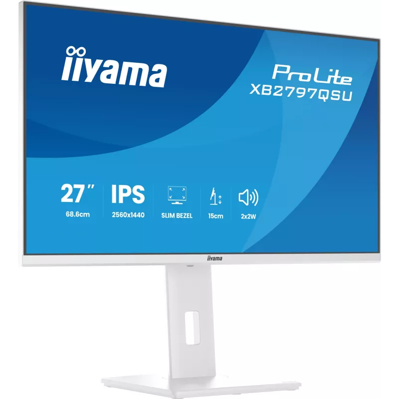 27 colių IIYAMA ProLite XB2797QSU-W1 IPS Quad HD (2560x1440) LED monitorius, 178° žiūrėjimo kampas, USB 3.2 šakotuvas, garsiakalbiai, VESA, reguliuojamas aukštis, baltas