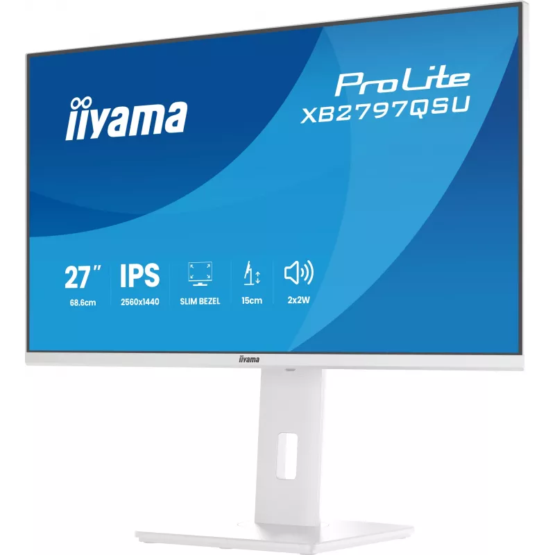 27 colių IIYAMA ProLite XB2797QSU-W1 IPS Quad HD (2560x1440) LED monitorius, 178° žiūrėjimo kampas, USB 3.2 šakotuvas, garsiakalbiai, VESA, reguliuojamas aukštis, baltas