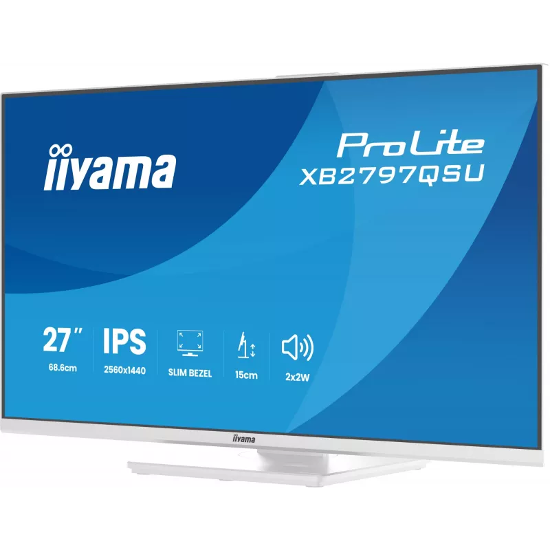 27 colių IIYAMA ProLite XB2797QSU-W1 IPS Quad HD (2560x1440) LED monitorius, 178° žiūrėjimo kampas, USB 3.2 šakotuvas, garsiakalbiai, VESA, reguliuojamas aukštis, baltas