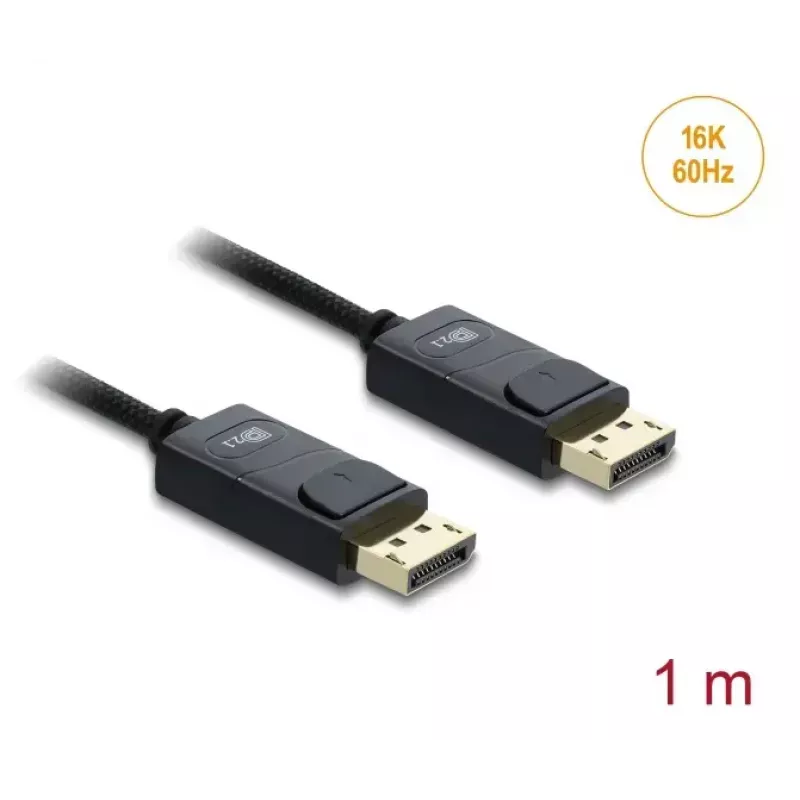 DELOCK koaksialinis DisplayPort laidas 16K 60 Hz 80 Gbps pintas apvalkalas 1 m, DisplayPort į DisplayPort, juoda