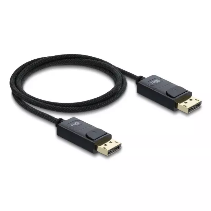DELOCK koaksialinis DisplayPort laidas 16K 60 Hz 80 Gbps pintas apvalkalas 1 m, DisplayPort į DisplayPort, juoda