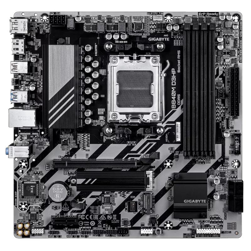 GIGABYTE B840M D3HP pagrindinė plokštė - AMD Ryzen 9000 procesoriai, 8+2+2 fazių VRM, iki 8200MHz DDR5(O.C), 2xPCIe 4.0 M.2, 1GbE LAN, USB 3.2 Gen 2