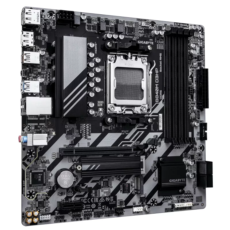 GIGABYTE B840M D3HP pagrindinė plokštė - AMD Ryzen 9000 procesoriai, 8+2+2 fazių VRM, iki 8200MHz DDR5(O.C), 2xPCIe 4.0 M.2, 1GbE LAN, USB 3.2 Gen 2