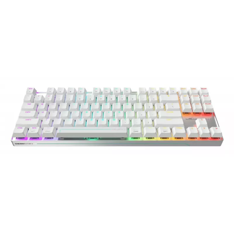 Belaidė žaidimų klaviatūra Cherry MX 8.2 Pro TMR — Tenkeyless 88 klavišų, USB + RF + Bluetooth, magnetiniai-mechaniniai jungikliai, RGB, sidabrinė/baltos spalvos
