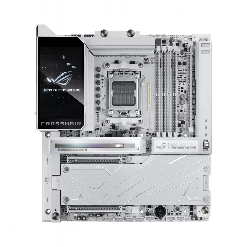 Motininė plokštė ASUS ROG CROSSHAIR X870E GLACIAL — AMD X870E, Socket AM5, E-ATX, DDR5, iki 256 GB, Wi‑Fi 7, 10Gb Ethernet
