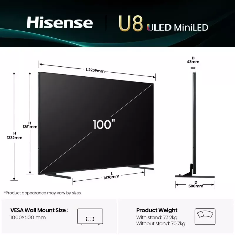 TV Hisense 100U8Q 100 col. (253 cm) 4K ULED Smart TV Mini LED, VIDAA, Wi‑Fi, DVB-T2/C/S2, Juoda/Pilka