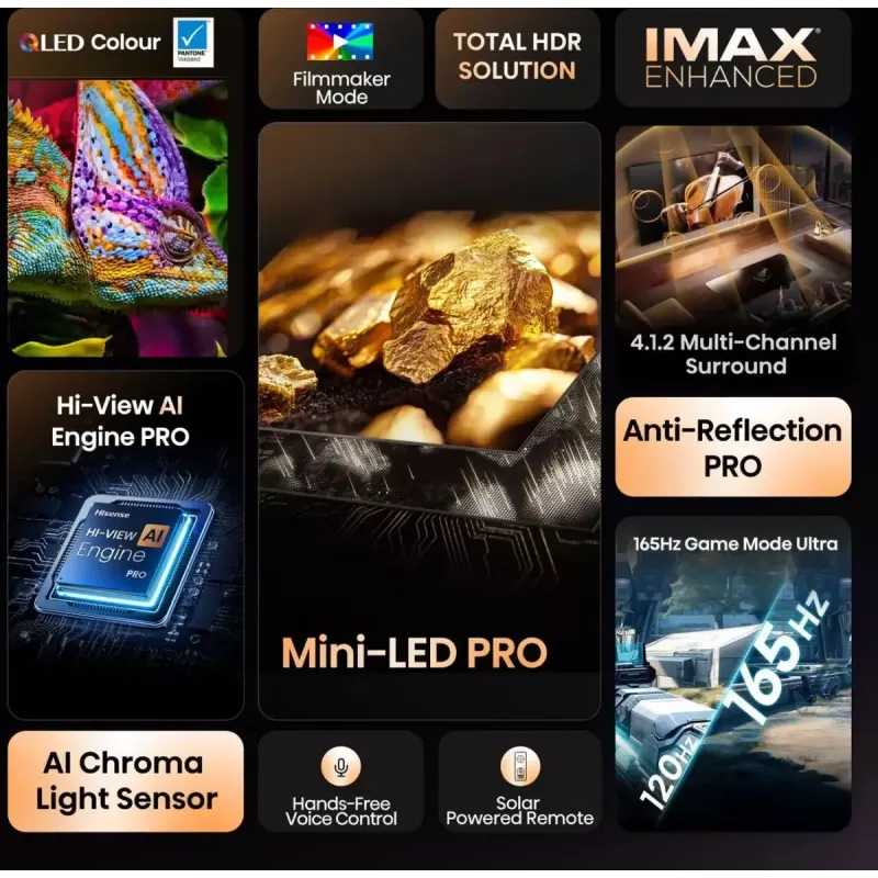 TV Hisense 100U8Q 100 col. (253 cm) 4K ULED Smart TV Mini LED, VIDAA, Wi‑Fi, DVB-T2/C/S2, Juoda/Pilka