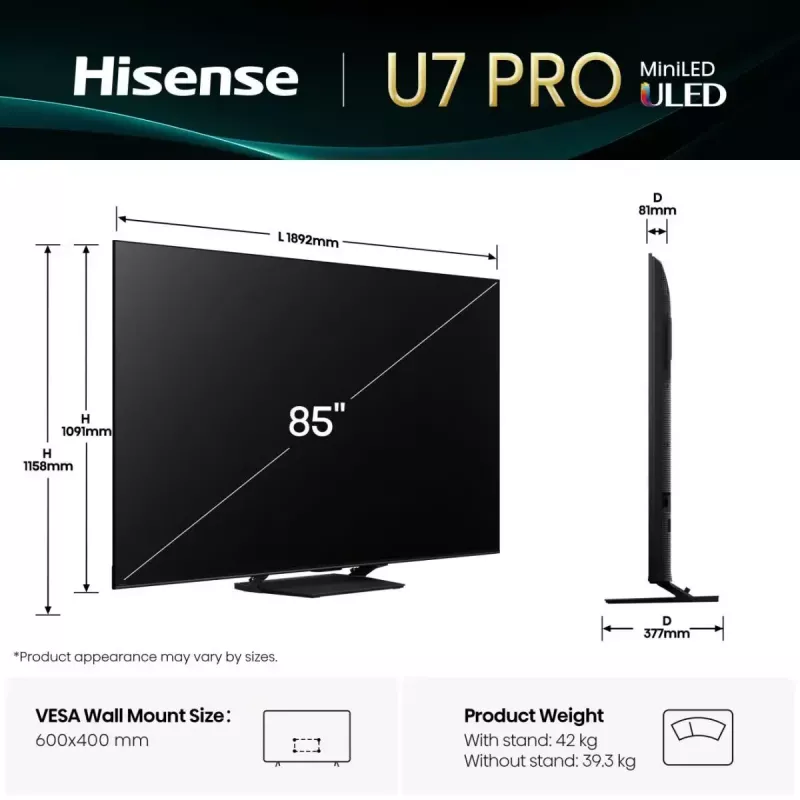 Hisense U7Q PRO 85U7Q PRO 2,16 m (85 colių) 4K Ultra HD išmanusis televizorius Wi-Fi juodas 500 cd/m²